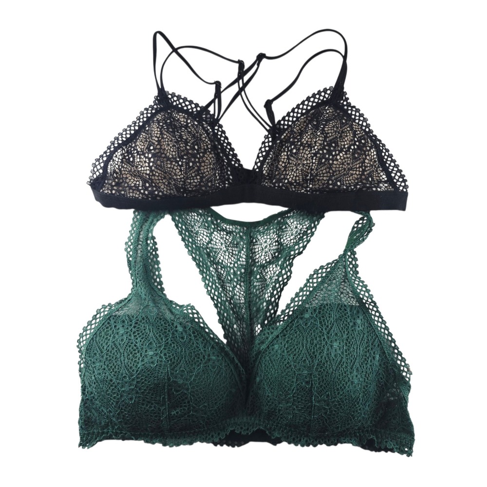 Victoria's Secret -449 Lace Bralette Set Padded‎ Strappy Black and Green Medium
